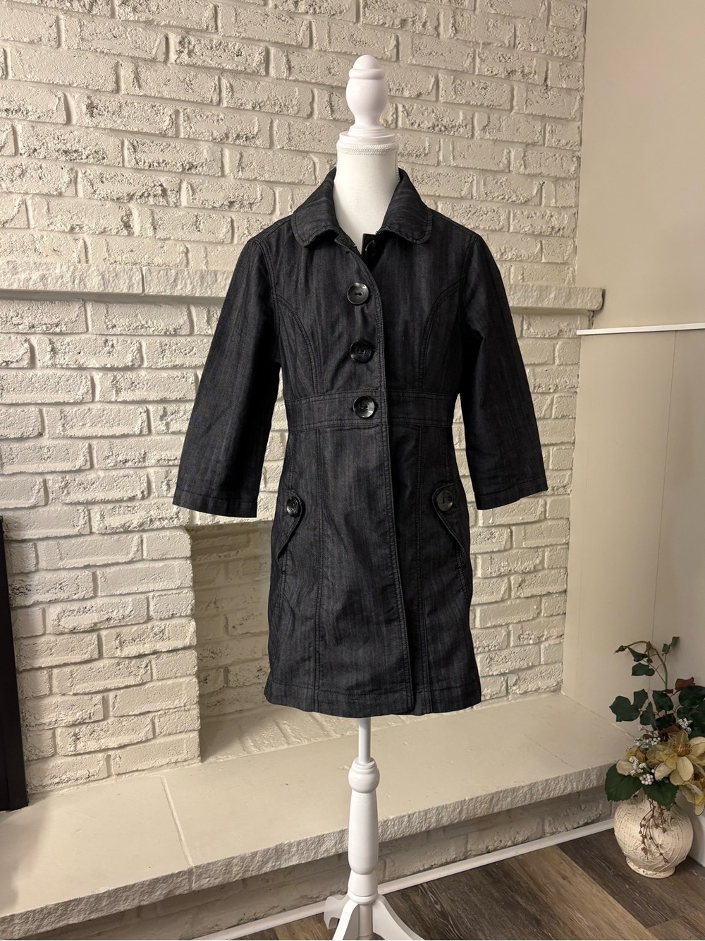 Baccini Vintage Y2K Dark Wash Denim 3/4 Sleeve Trench Coat Jacket Medium